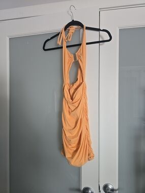 Ruched Halter Mini Dress in Peach Orange